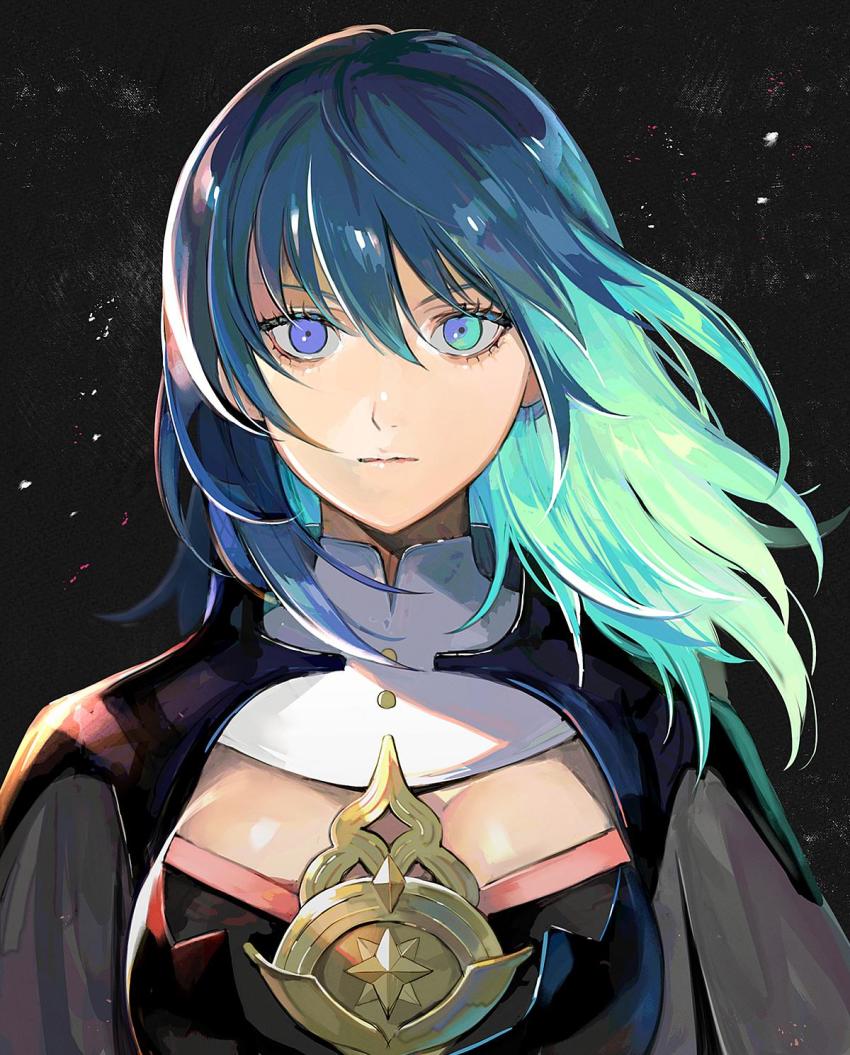 1girl black_background blue_eyes byleth_(female)_(fire_emblem) byleth_(fire_emblem) cape cleavage_cutout closed_mouth clothing_cutout commentary_request detached_collar fire_emblem fire_emblem:_three_houses garreg_mach_monastery_uniform green_hair hair_between_eyes highres kyufe long_hair looking_at_viewer nintendo