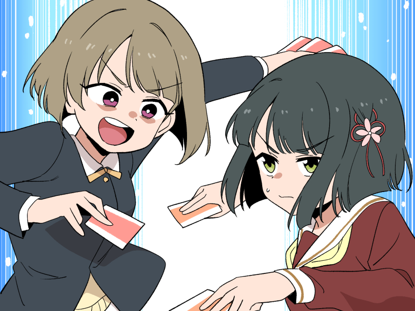 2girls :d asymmetrical_hair black_hair black_jacket blunt_bangs blunt_ends bob_cut brown_dress brown_hair card card_game closed_mouth collared_shirt commentary_request dress flower flower_knot frown green_eyes hair_flower hair_ornament hangyaku_no_nijigasaki hasu_no_sora_school_uniform highres holding holding_card jacket koaraya link!_like!_love_live! long_sleeves love_live! love_live!_nijigasaki_high_school_idol_club love_live!_series_official_card_game momose_ginko multiple_girls nakasu_kasumi neck_ribbon neckerchief nijigasaki_school_uniform open_mouth purple_eyes ribbon round_teeth sailor_dress school_uniform shirt short_hair smile sweater teeth upper_body upper_teeth_only v-shaped_eyebrows virtual_youtuber white_shirt winter_uniform yellow_neckerchief yellow_ribbon yellow_sweater