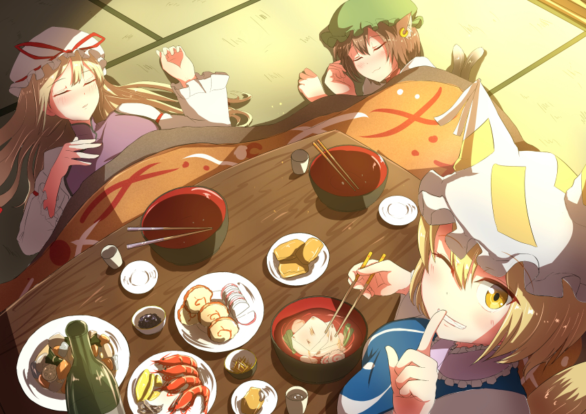 3girls absurdres animal_ears blonde_hair blush bowl breasts brown_eyes brown_hair cat_ears cat_girl cat_tail chen chopsticks closed_eyes finger_to_mouth food fox_ears fox_girl fox_tail grin highres holding holding_chopsticks index_finger_raised kotatsu large_breasts long_sleeves looking_at_viewer multiple_girls parted_lips plate shimotsuki_aoi short_hair smile table tail teeth touhou yakumo_ran yakumo_yukari