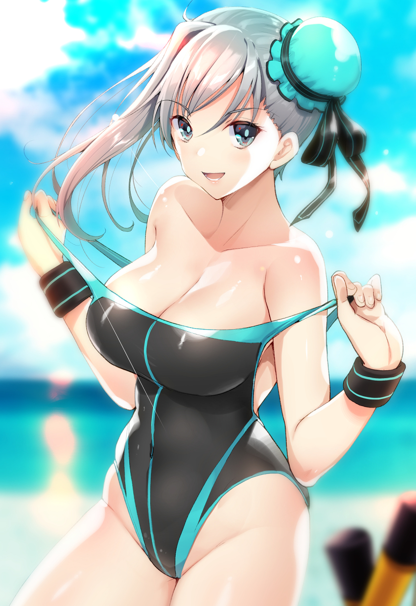 1girl akahito aqua_eyes black_one-piece_swimsuit blue_eyes blue_one-piece_swimsuit blue_sky blurry blurry_background breasts bun_cover cleavage clothes_pull collarbone commentary_request competition_swimsuit covered_navel cowboy_shot day fate/grand_order fate_(series) female_focus grey_hair groin hair_between_eyes hair_bun hair_ornament highleg highleg_one-piece_swimsuit highres large_breasts looking_at_viewer miyamoto_musashi_(fate) miyamoto_musashi_(fate/grand_order) miyamoto_musashi_(swimsuit_berserker)_(fate) miyamoto_musashi_(swimsuit_berserker)_(first_ascension)_(fate) ocean one-piece_swimsuit one-piece_swimsuit_pull outdoors pulling_own_clothes side_bun side_ponytail single_hair_bun single_side_bun sky solo standing swimsuit teeth