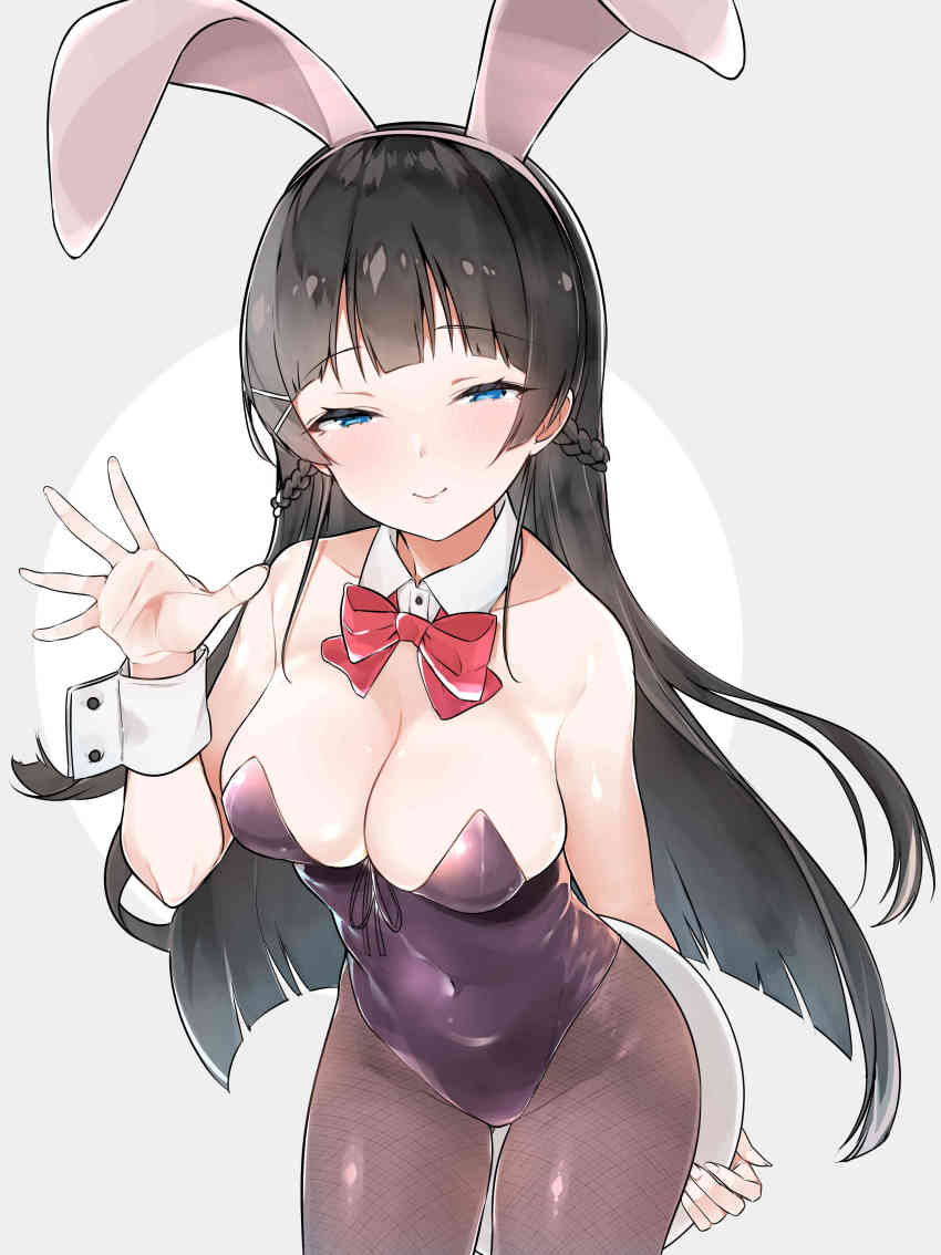 1girl absurdres animal_ears bad_id bad_pixiv_id black_hair black_leotard blue_eyes bow bowtie braid breasts cleavage cowboy_shot detached_collar fake_animal_ears fishnet_pantyhose fishnets french_braid grey_background highres leaning_forward leotard long_hair looking_at_viewer medium_breasts mitsudoue nijisanji pantyhose playboy_bunny rabbit_ears red_bow red_bowtie smile solo strapless strapless_leotard tray tsukino_mito virtual_youtuber waving wrist_cuffs