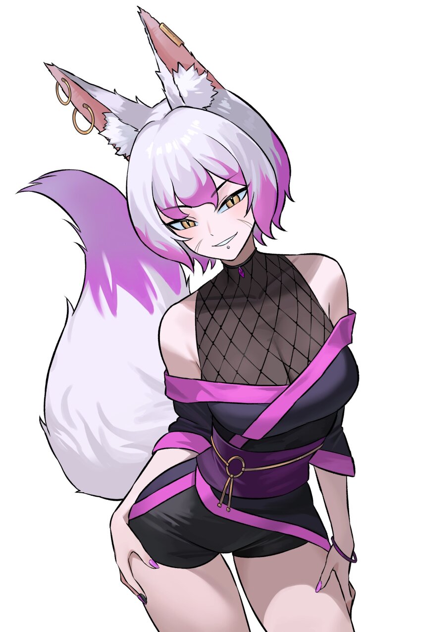 1girl absurdres animal_ears breasts ear_piercing facial_scar fishnet_top fishnets fox_ears fox_tail hands_on_own_legs highres japanese_clothes kitsune looking_at_viewer original piercing scar scar_on_cheek scar_on_face slit_pupils tail white_hair yellow_eyes zeon_(zzeeonn)