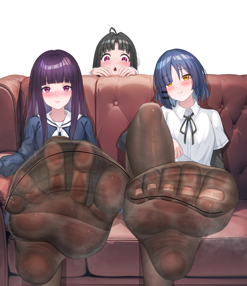 3girls absurdres awa_subaru black_hair black_pantyhose blue_hair blush bocchi_the_rock! couch feet girls_band_cry highres light_smile long_hair looking_at_viewer medium_hair multiple_girls open_mouth pantyhose pink_eyes reiku09 soles spread_toes steam takanashi_kim_anouk_mei toe_scrunch toes yamada_ryo yellow_eyes yoru_no_kurage_wa_oyogenai