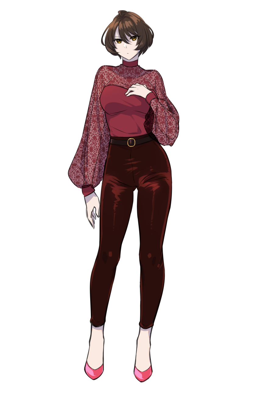 1girl absurdres akira_howard akira_howard_(female) astral_chain belt brown_eyes brown_hair full_body hand_on_own_chest high-waist_pants high_heels highres long_sleeves looking_at_viewer pants red_shirt shirt short_hair simple_background solo standing thiru3dan white_background