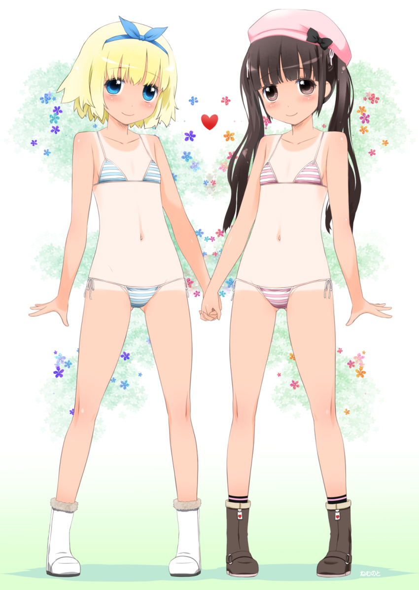 2girls ankle_socks artist_name beret bikini blonde_hair blue_eyes blue_hairband blunt_bangs blush boots bow brown_eyes brown_hair collarbone flat_chest full_body gradient_background hair_ornament hairband hat hat_bow highres long_hair looking_at_viewer multiple_girls navel noto_(soranoto) original short_hair sidelocks simple_background smile socks standing striped_bikini striped_clothes swimsuit tan tanline twintails