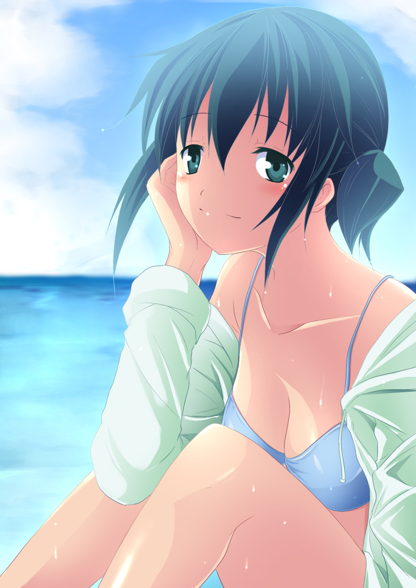 1girl bikini blue_eyes blue_hair blush borijoikun cloud collarbone day female_focus head_rest hidamari_sketch highres matching_hair/eyes nori_(hidamari_sketch) ocean short_hair sky solo swimsuit water wet