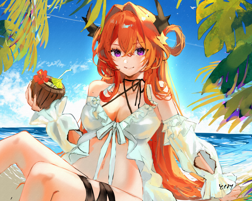 1girl 8_dlz arknights bare_shoulders breasts burnt_clothes cleavage closed_mouth coconut criss-cross_halter demon_horns detached_sleeves feet_out_of_frame food hair_ornament hair_rings halterneck highres horns long_hair looking_at_viewer navel official_alternate_costume outdoors purple_eyes red_hair smile solo star_(symbol) surtr_(arknights) surtr_(colorful_wonderland)_(arknights) swimsuit swimsuit_cover-up thigh_strap water