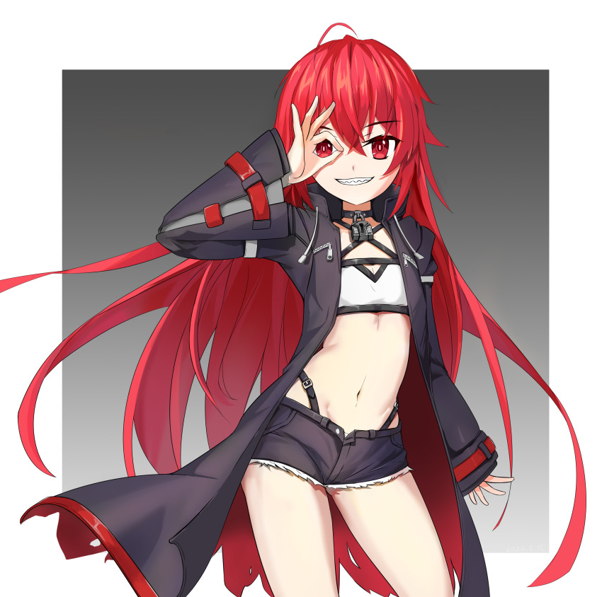 1girl :d absurdres ahoge bandeau black_coat choker cici_(1021440922) closers coat commentary_request denim denim_shorts grin hair_between_eyes highres long_hair long_sleeves looking_at_viewer navel open_mouth red_eyes red_hair seth_(closers) short_shorts shorts sidelocks simple_background smile solo stomach two-tone_background white_bandeau