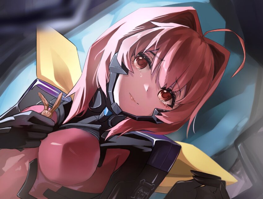 1girl ahoge armored_bodysuit bodysuit bow breasts fortified_suit hair_bow hair_intakes holding impossible_bodysuit impossible_clothes kagami_sumika long_hair low_ponytail medium_breasts muv-luv muv-luv_alternative pilot_suit pink_bodysuit ponytail red_eyes red_hair ribbon smile solo takasata_takina tearing_up yellow_bow