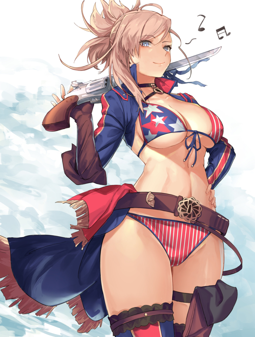 1girl american_flag_bikini american_flag_print asymmetrical_hair belt bikini bkko blue_eyes blush breasts cleavage closed_mouth fate/grand_order fate_(series) flag_print gun highres large_breasts long_hair looking_at_viewer miyamoto_musashi_(fate) miyamoto_musashi_(fate/grand_order) miyamoto_musashi_(swimsuit_berserker)_(fate) miyamoto_musashi_(swimsuit_berserker)_(second_ascension)_(fate) musical_note navel pink_hair ponytail print_bikini shrug_(clothing) smile solo swept_bangs swimsuit thighhighs thighs weapon