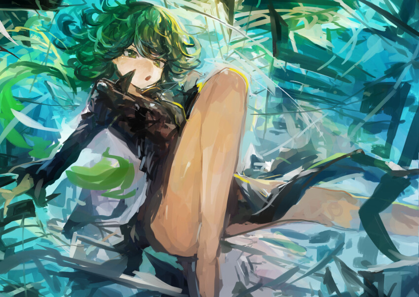 1girl absurdres black_dress blue_background breasts collared_dress commentary curly_hair dress green_background green_eyes green_hair highres kaamin_(mariarose753) long_sleeves medium_hair one-punch_man open_mouth pelvic_curtain simple_background small_breasts solo tatsumaki