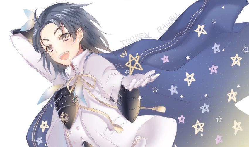 10s 1boy :d bad_id bad_pixiv_id blue_hair cape copyright_name fang feather_hair_ornament feathers gloves feather_hair_ornament highres ichigo_seika male_focus open_mouth personification smile solo star_(symbol) taikogane_sadamune touken_ranbu upper_body white_gloves yellow_eyes