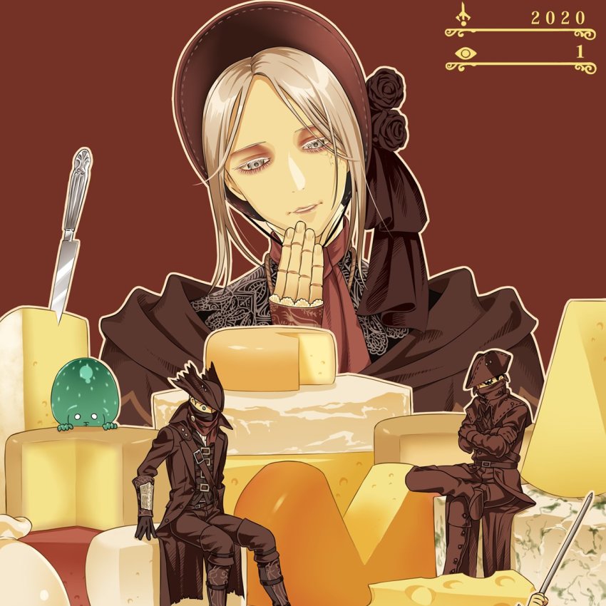 arizuka_(catacombe) bloodborne butter_knife celestial_emissary cheese cheese_wheel coat crack dated doll doll_joints food grey_eyes grey_hair hat headdress hunter_(bloodborne) joints plain_doll red_background tricorne