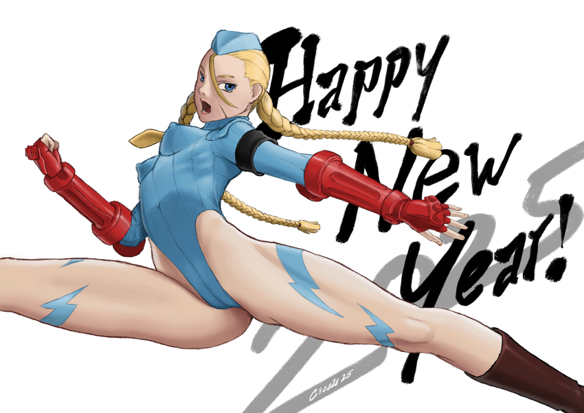 1girl 2025 blonde_hair blue_eyes blue_hat blue_leotard bodypaint braid cammy_white fingerless_gloves garrison_cap gloves hair_between_eyes happy_new_year hat highleg highleg_leotard highres leotard lightning_bolt_symbol long_hair new_year open_mouth red_gloves ribbed_leotard scar scar_on_face shadaloo_dolls simple_background sleeved_leotard solo split street_fighter thong_leotard twin_braids white_background whitecicada