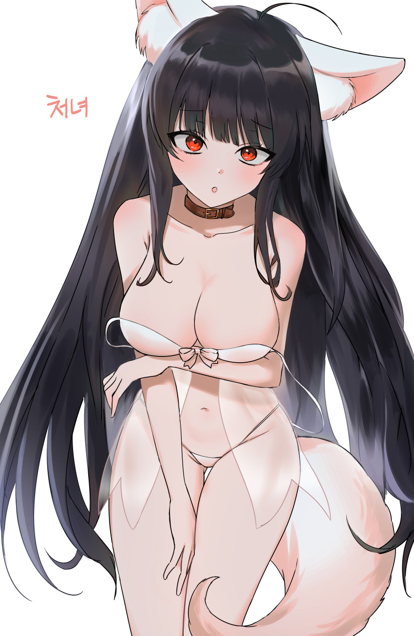 1girl :o absurdres ahoge animal_ear_fluff animal_ears arm_under_breasts artist_name bare_shoulders black_hair blush breasts brown_choker choker commentary commission dungeon_and_fighter english_commentary highres large_breasts lingerie long_hair looking_at_viewer myuu_(2myuu2) negligee open_mouth original panties pixiv_commission red_eyes simple_background solo standing stomach tail thighs underwear underwear_only white_background white_negligee white_panties