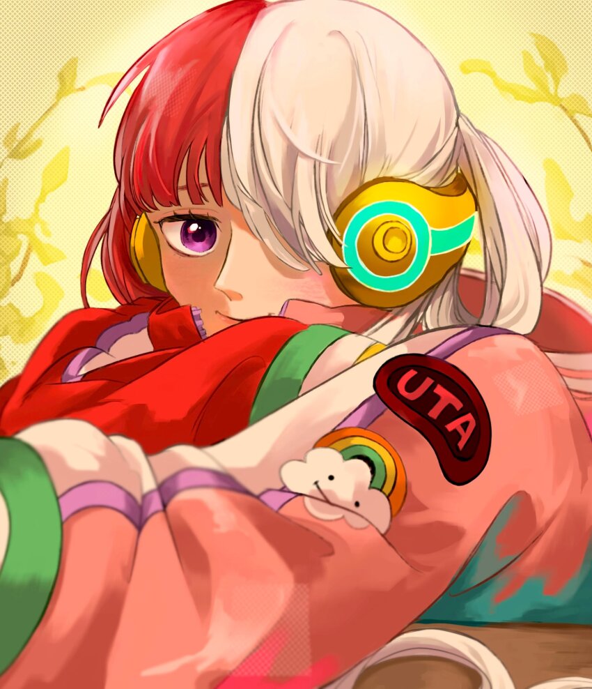 1girl close-up hair_over_one_eye headphones highres jacket light_smile looking_at_viewer multicolored_hair one_piece one_piece_film:_red purple_eyes red_hair sinoda_maru7326 solo twintails two-tone_hair uta_(one_piece) very_long_sleeves white_hair yellow_background