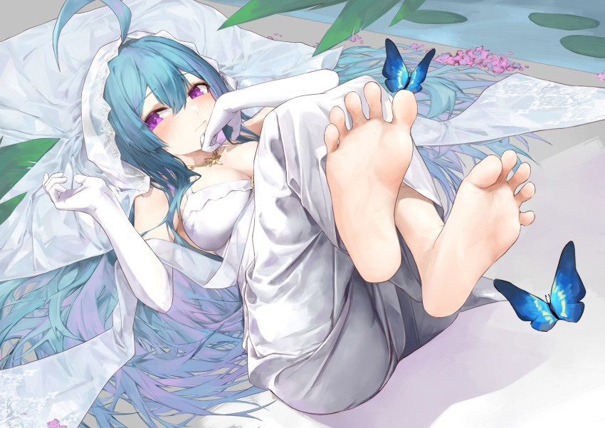 1girl azur_lane barefoot blue_hair blush bug butterfly dress feet helena_(azur_lane) highres insect long_hair lying on_back oshin0_(zheng) purple_eyes soles toes wedding_dress