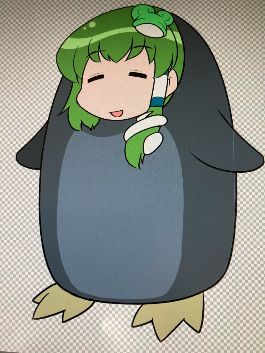 1girl =_= alternate_costume animal_costume commentary_request costume frog_hair_ornament green_hair hair_ornament hair_tubes highres kochiya_sanae long_hair mizuki_hitoshi open_mouth penguin_costume smile snake_hair solo touhou