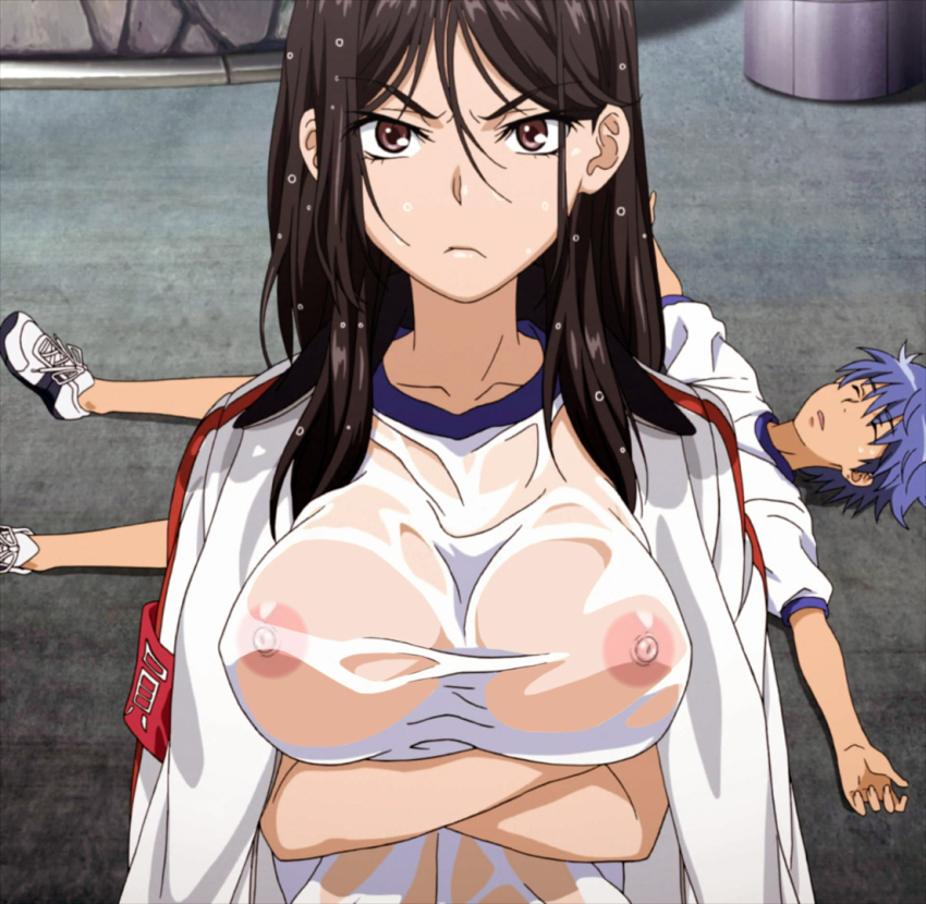 1boy 1girl angry aogami_pierce black_hair blue_hair breast_hold breasts brown_eyes crossed_arms covered_erect_nipples frown fukiyose_seiri gym_uniform large_breasts long_hair looking_at_viewer lying nipples nude_filter on_back on_floor see-through_clothes shirt third-party_edit toaru_majutsu_no_index wet wet_clothes wet_hair wet_shirt