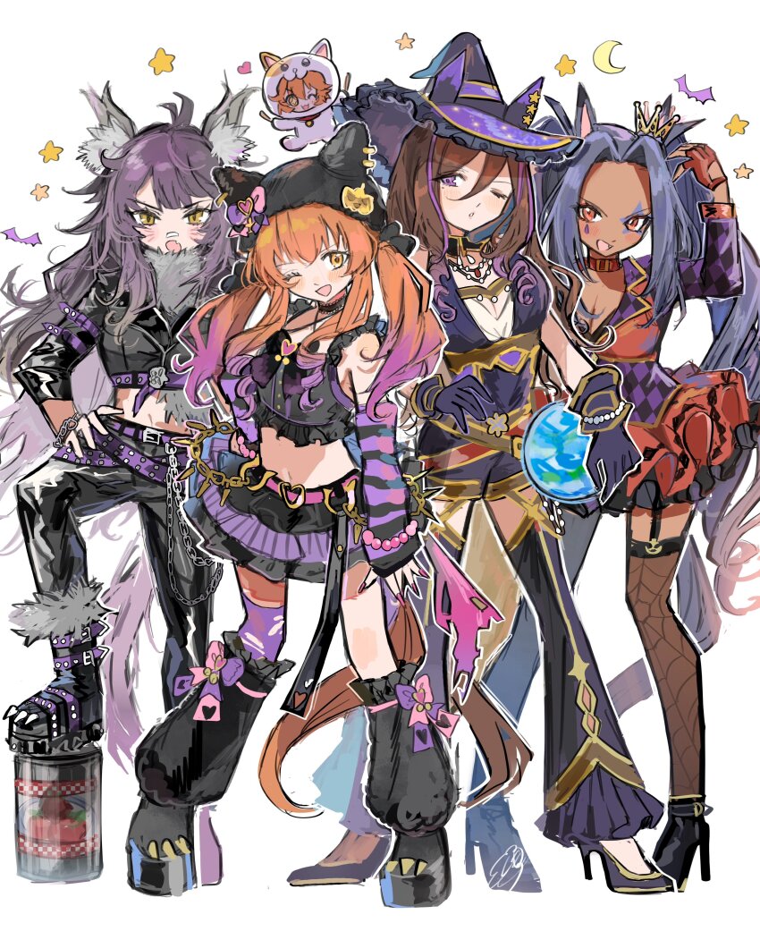 5girls :d :o ;d absurdres animal_costume animal_ears bandaid bandaid_on_face bandaid_on_nose black_hair black_hat black_pants boots brown_hair cat_costume chibi dark-skinned_female dark_skin detached_sleeves fake_animal_ears full_body hair_between_eyes hair_down hair_intakes hat high_heel_boots high_heels highres hishi_amazon_(umamusume) horse_ears horse_girl horse_tail kumo_(mokumoku_warabi) long_hair looking_at_viewer low_twintails matikanefukukitaru_(umamusume) mayano_top_gun_(rockin&#039;_mewmeow)_(umamusume) mayano_top_gun_(umamusume) multiple_girls narita_brian_(umamusume) official_alternate_costume official_alternate_hairstyle one_eye_closed open_mouth orange_eyes orange_hair pants parted_bangs purple_eyes purple_sleeves red_eyes seeking_the_pearl_(umamusume) signature smile striped_sleeves tail twintails umamusume witch_hat wolf_ears yellow_eyes