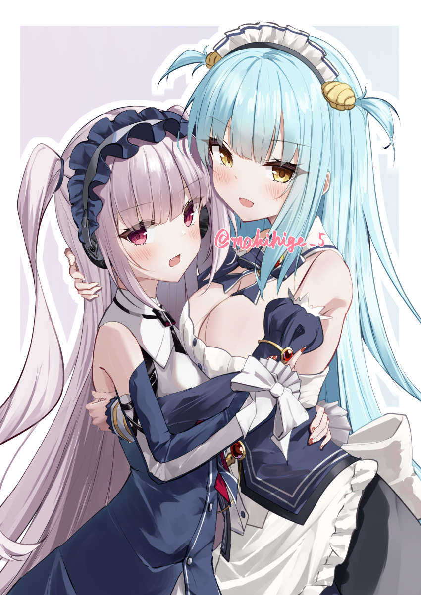 2girls :d absurdres apron arm_around_waist asymmetrical_docking azur_lane bare_shoulders blue_dress blue_hair blush breast_press breasts cleavage commentary_request detached_sleeves dress frilled_apron frilled_dress frills from_above from_side gem hairband halford_(azur_lane) hand_on_another&#039;s_back highres hug lolita_hairband long_hair looking_at_viewer looking_up makihige medium_breasts multiple_girls neptune_(azur_lane) open_mouth pink_eyes purple_hair red_gemstone shell_hair_ornament size_difference small_breasts smile two_side_up very_long_hair waist_apron white_apron yellow_eyes yuri