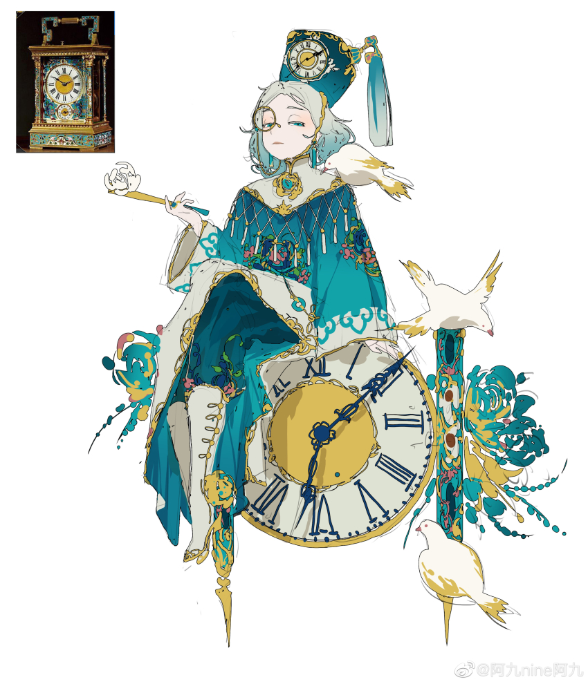 absurdres ajiu_nine_ajiu analog_clock androgynous bird boots chinese_clothes clock clock_hat_ornament dove full_body gender_request half-closed_eyes hat_ornament high_heel_boots high_heels highres medium_hair original pants personification photo-referenced sitting sitting_on_clock sketch white_background wide_sleeves yunjian