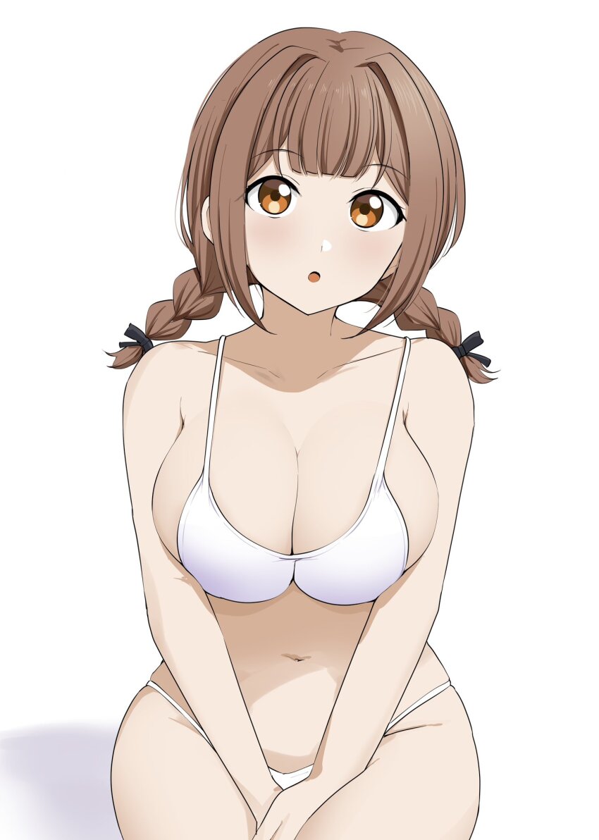 1girl :o barkhorn0331 bikini black_bow blush bow braid breasts brown_eyes brown_hair center-flap_bangs cinderella_series collarbone cowboy_shot groin hachigatsu_no_cinderella_nine hair_bow highres joujima_momo looking_at_viewer low_twin_braids navel simple_background sitting solo string_bikini swimsuit twin_braids v_arms white_background white_bikini