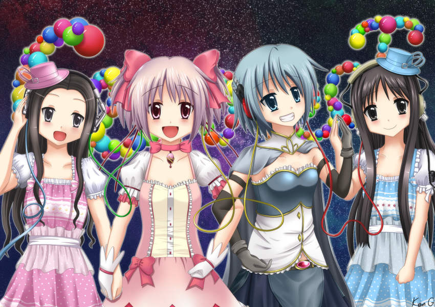 10s 4girls alice_(claris) black_eyes black_hair blue_eyes blue_hair cable clara_(claris) claris_(group) english_text hair_ribbon hat headphones highres holding_hands kaname_madoka kaname_madoka_(magical_girl) kenneth_g locked_arms magical_girl mahou_shoujo_madoka_magica mahou_shoujo_madoka_magica_(anime) miki_sayaka miki_sayaka_(magical_girl) multiple_girls pink_eyes pink_hair ribbon short_hair short_twintails signature smile soul_gem straight_hair twintails wavy_hair