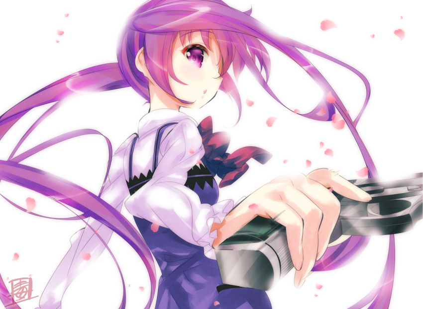 1girl blush bow breasts cherry_blossoms doku_momo dress from_behind gochuumon_wa_usagi_desu_ka? gun handgun holding holding_gun holding_weapon long_hair long_sleeves looking_at_viewer looking_back open_mouth petals pink_bow pistol purple_dress purple_eyes purple_hair school_uniform shirt sleeveless sleeveless_dress small_breasts standing tedeza_rize twintails weapon white_background white_shirt