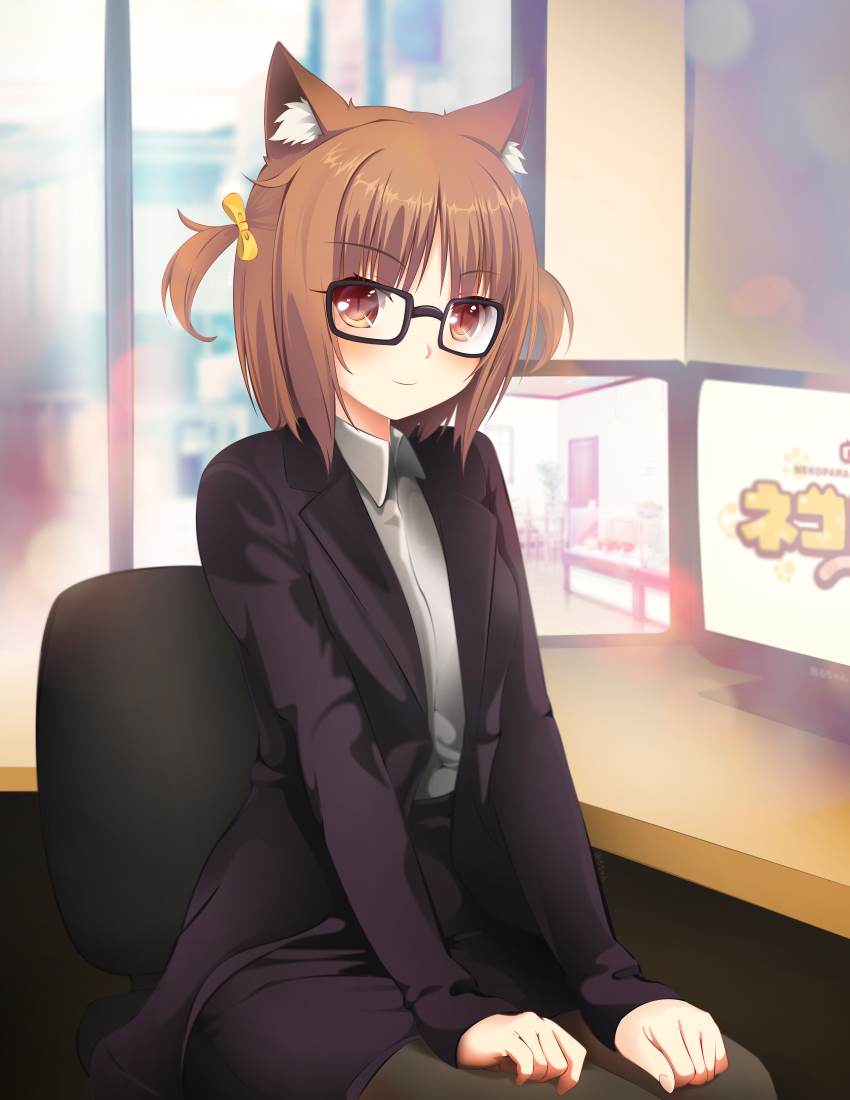 1girl absurdres alternate_costume animal_ear_fluff animal_ears azuki_(nekopara) bespectacled black-framed_eyewear black_jacket black_pantyhose blush bow brown_eyes brown_hair cat_ears cat_girl closed_mouth collared_shirt commentary commission copyright_name cowboy_shot dress_shirt glasses hair_bow highres indoors jacket komaru_chan long_sleeves looking_at_viewer medium_hair monitor nekopara office_lady open_clothes open_jacket pantyhose parted_bangs shirt sitting sleeves_past_wrists slit_pupils smile solo straight_hair two_side_up white_shirt yellow_bow