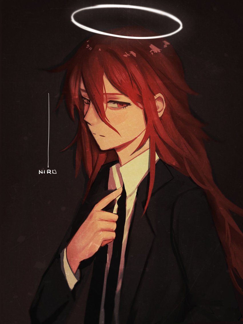 1boy angel_devil_(chainsaw_man) black_background black_jacket black_necktie chainsaw_man collared_shirt dark_background formal_clothes hair_between_eyes halo highres jacket long_hair looking_at_viewer messy_hair necktie niroxin red_eyes red_hair shirt sideways_glance simple_background solo suit white_shirt