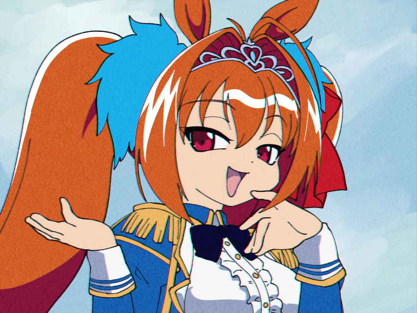 1990s_(style) 1girl antenna_hair blue_background blue_bow blue_bowtie blue_jacket bow bowtie breasts brown_hair byackopath_(artist) center_frills chromatic_aberration commentary_request daiwa_scarlet_(umamusume) di_gi_charat di_gi_charat_(1999) epaulettes frilled_shirt frills hair_between_eyes hair_intakes jacket koge_donbo_(style) large_breasts long_hair looking_at_viewer ojou-sama_pose open_mouth parody red_eyes retro_artstyle shirt smile solo style_parody tiara twintails umamusume upper_body very_long_hair white_shirt