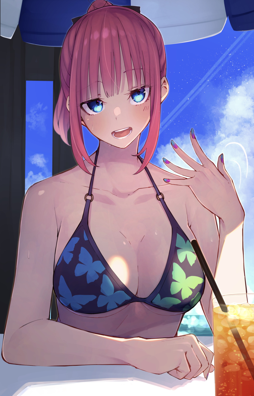 1girl absurdres beach bikini bikini_top_only blue_eyes blush breasts cleavage collarbone cup drink drinking_glass drinking_straw go-toubun_no_hanayome hair_ornament highres large_breasts nail_polish nakano_nino ocean open_mouth pink_hair ponytail shade shaded_face shadow sitting solo sunlight swimsuit table tamago_sando teeth tongue