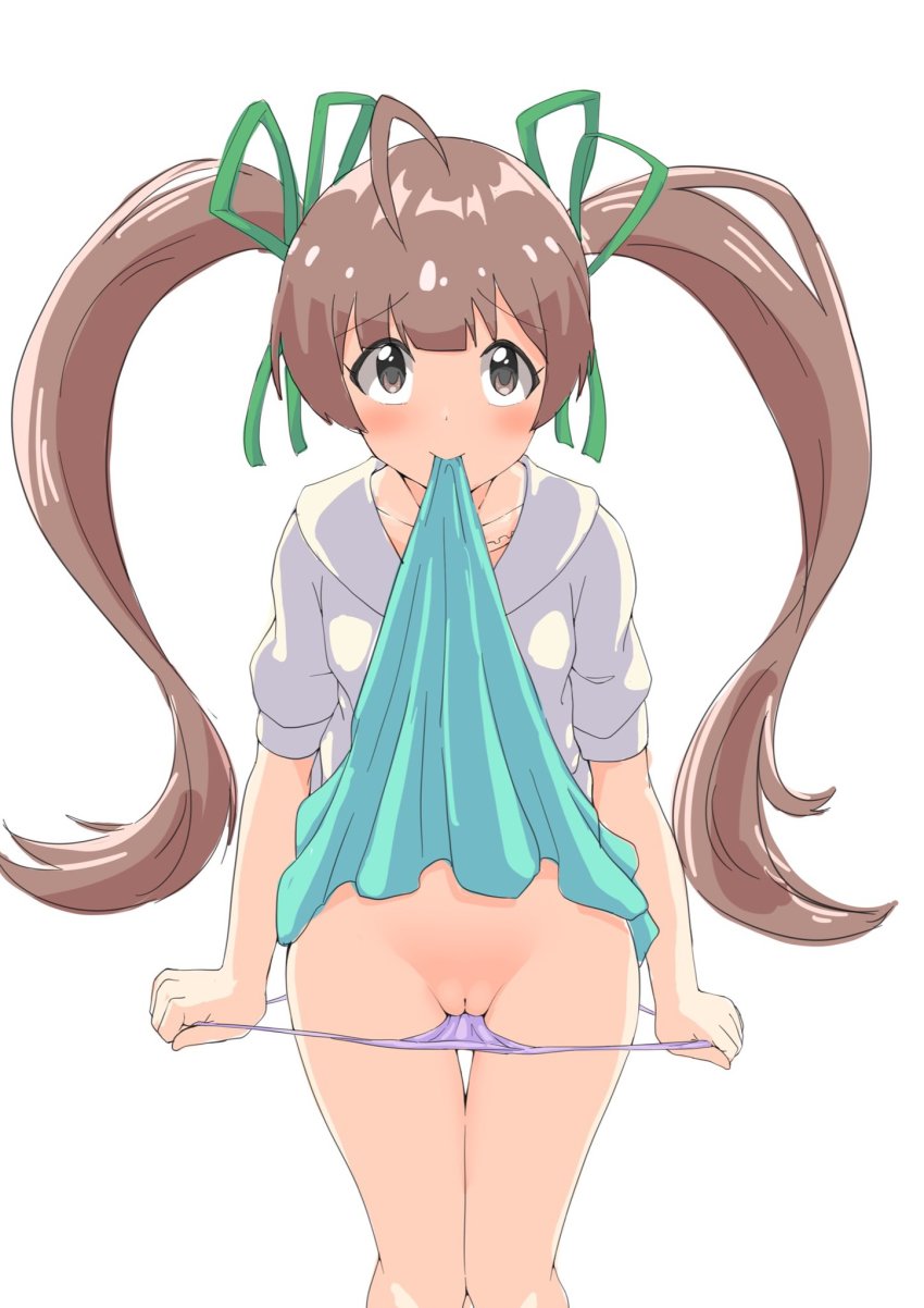 1girl ahoge aqua_skirt blush brown_hair cleft_of_venus clothes_lift collarbone feet_out_of_frame green_ribbon hair_ribbon hakozaki_serika highres idolmaster idolmaster_million_live! knees_together_feet_apart looking_at_viewer mouth_hold origomato panties panty_pull pussy ribbon shirt simple_background skirt skirt_lift solo twintails underwear white_background white_shirt