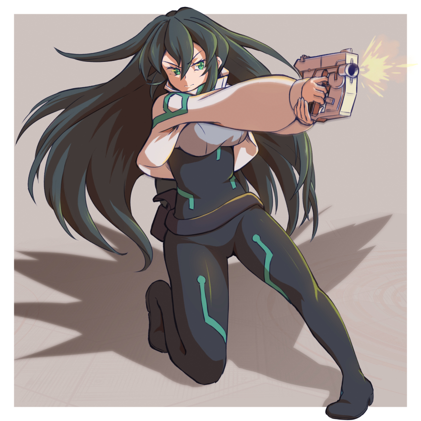 1girl black_bodysuit bodysuit bodysuit_under_clothes firing floating_hair green_eyes green_hair gun gundam gundam_build_divers gundam_build_divers_re:rise highres holding holding_gun holding_weapon looking_ahead may_(gundam_build_divers_re:rise) origami_yakko shrug_(clothing) solo v-shaped_eyebrows weapon