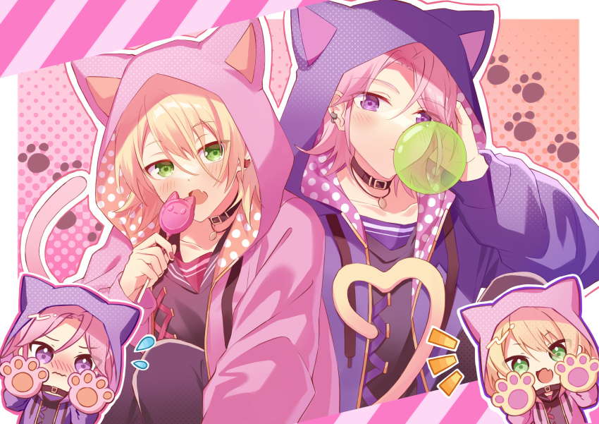 2boys absurdres animal_hands animal_hood black_shirt blonde_hair blush candy cat_hood cat_paws cat_tail chewing_gum chibi ensemble_stars! fang food green_eyes hair_between_eyes highres hood jacket lollipop looking_at_viewer multiple_boys open_mouth oukawa_kohaku parted_lips paw_print pink_hair pink_jacket polka_dot purple_eyes purple_jacket purple_ribbon red_ribbon ribbon shiratori_aira_(ensemble_stars!) shirt tail tooka_4120