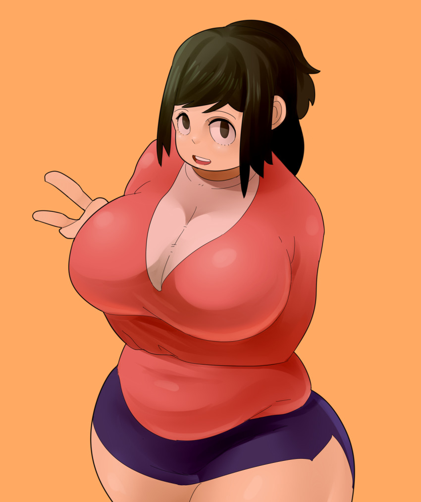 1girl blue_skirt boku_no_hero_academia breasts cleavage green_eyes green_hair highres huge_breasts large_breasts looking_at_viewer mature_female midoriya_inko non-web_source nonesaint open_mouth pencil_skirt plump shirt simple_background skirt solo sweater_vest teeth thick_thighs thighs upper_teeth_only v white_shirt