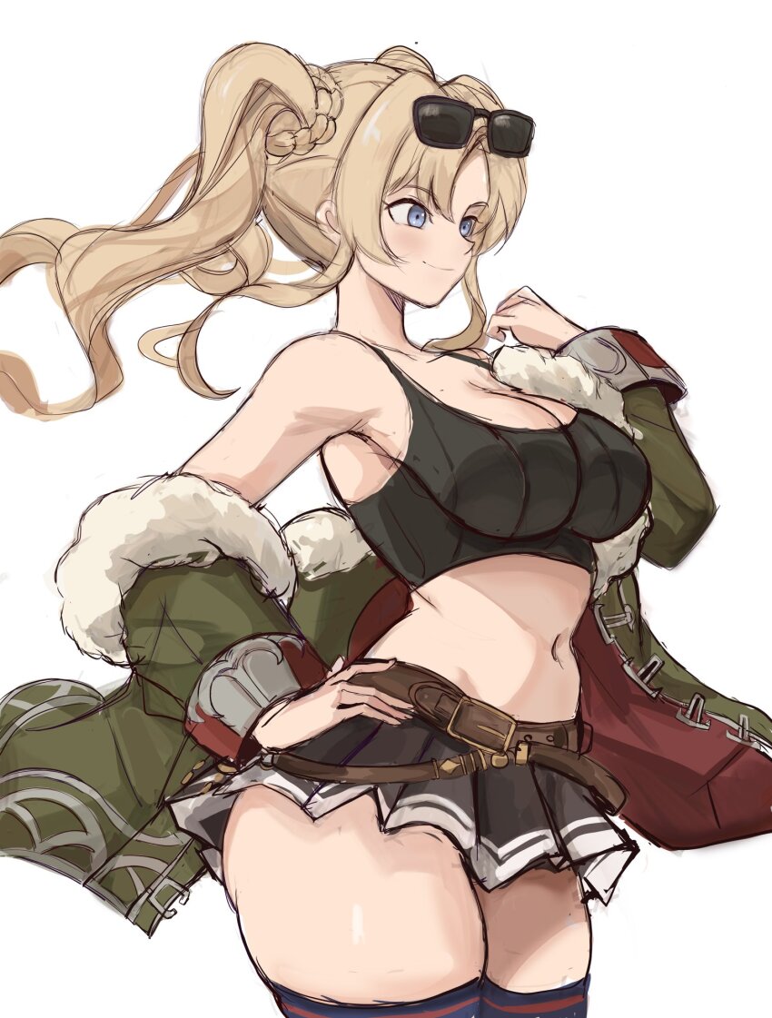 1girl belt black_skirt black_thighhighs blonde_hair blue_eyes braid breasts brown_belt cleavage crop_top eyewear_on_head fur-trimmed_jacket fur_trim granblue_fantasy green_jacket highres jacket large_breasts long_hair looking_ahead midriff miniskirt navel off_shoulder pleated_skirt rakeemspoon sketch skirt smile solo sunglasses thighhighs twintails white_background zeta_(granblue_fantasy)