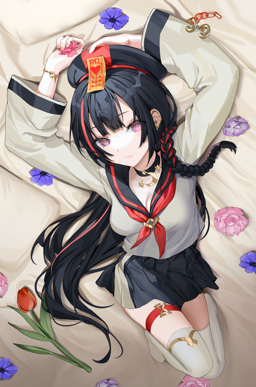 1girl arms_up bed_sheet black_choker black_hair black_headwear black_sailor_collar black_skirt blue_flower braid breasts choker cleavage crescent flower grey_shirt grey_thighhighs highres lloule long_hair long_sleeves looking_at_viewer lying medium_breasts multicolored_hair no_shoes on_back original pillow pink_flower pleated_skirt purple_eyes purple_flower red_hair sailor_collar shirt single_braid skirt solo star_(symbol) streaked_hair thighhighs very_long_hair wide_sleeves