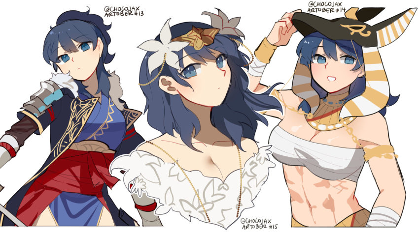 3girls alternate_costume ancient_egyptian_clothes armor bandages bandeau bare_shoulders blue_eyes blue_hair blue_kimono breasts byleth_(female)_(fire_emblem) byleth_(fire_emblem) chest_sarashi chocojax cleavage commentary_request fire_emblem flower grin hair_between_eyes hair_flower hair_ornament head_tilt highres japanese_clothes kimono large_breasts long_hair looking_at_viewer midriff multiple_girls multiple_persona navel nintendo red_sash sarashi sash shoulder_armor simple_background smile stomach strapless tube_top upper_body usekh_collar white_background white_flower wrist_wrap