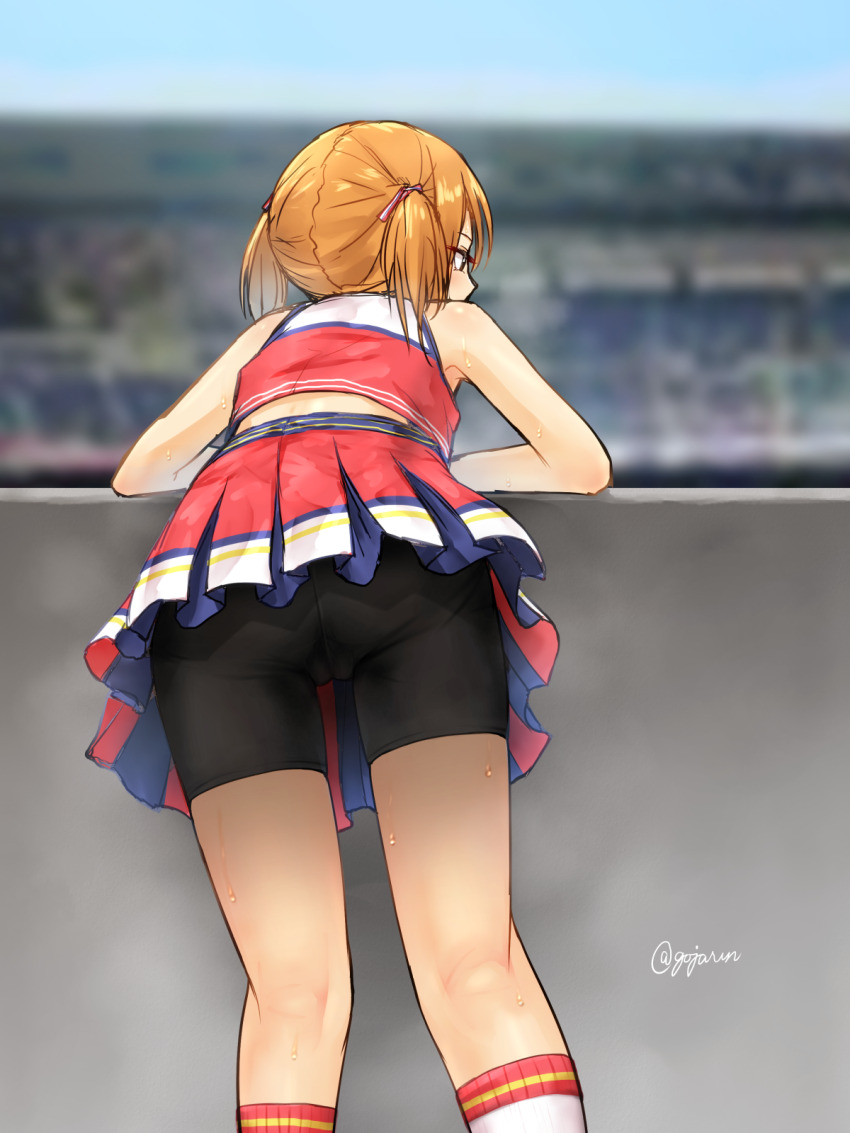 1girl ass bare_arms bike_shorts bike_shorts_under_skirt black_shorts blurry blurry_background brown_hair cheerleader gojarun hair_ribbon highres idolmaster idolmaster_cinderella_girls kneepits miniskirt no_panties ribbon short_shorts shorts shorts_under_skirt skirt socks solo sweat twintails twitter_username yuuki_haru