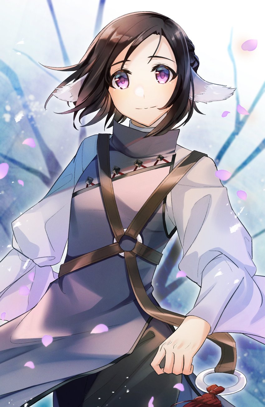 1boy absurdres animal_ears aquaplus black_hair braid branch cherry_blossoms closed_mouth cowboy_shot gradient_eyes highres long_sleeves looking_at_viewer medium_hair multicolored_eyes outdoors petals purple_eyes shichirya sidelocks smile solo standing swept_bangs tree umenoe utawarerumono utawarerumono:_itsuwari_no_kamen wide_sleeves