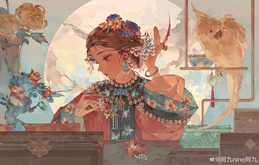 1girl absurdres ajiu_nine_ajiu bird bonsai bowl bracelet brown_eyes brown_hair chinese_clothes claw_ring flower hair_flower hair_ornament hair_up highres jewelry necklace original parrot profile solo spider_lily upper_body weibo_logo weibo_watermark wide_sleeves