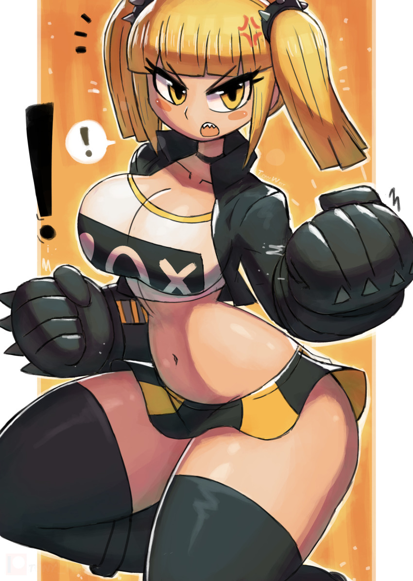 ! 1girl absurdres angry black_footwear black_gloves black_jacket black_thighhighs blonde_hair blush boots breasts choker claw_(weapon) cleavage clothes_writing collarbone gloves hair_ornament heart heart_print highres jacket large_breasts long_hair long_sleeves looking_at_viewer midriff nava_(tony_welt) navel open_clothes open_jacket open_mouth original print_shirt sharp_teeth shirt skirt sparkle speech_bubble spiked_hair_ornament spikes spoken_exclamation_mark standing striped_clothes striped_skirt teeth thick_thighs thighhighs thighs tony_welt twintails weapon white_shirt wide_hips yellow_background yellow_eyes yellow_skirt