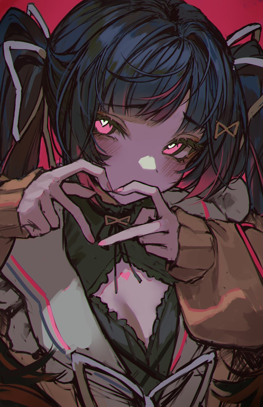 1girl 4-finger_heart_hands absurdres blunt_bangs blush breasts cleavage cleavage_cutout clothing_cutout heart heart-shaped_pupils heart_hands highres himemiya_rie long_hair long_sleeves looking_at_viewer medium_breasts nail_polish naokomama phase_connect pink_eyes pink_nails red_background solo symbol-shaped_pupils twintails virtual_youtuber