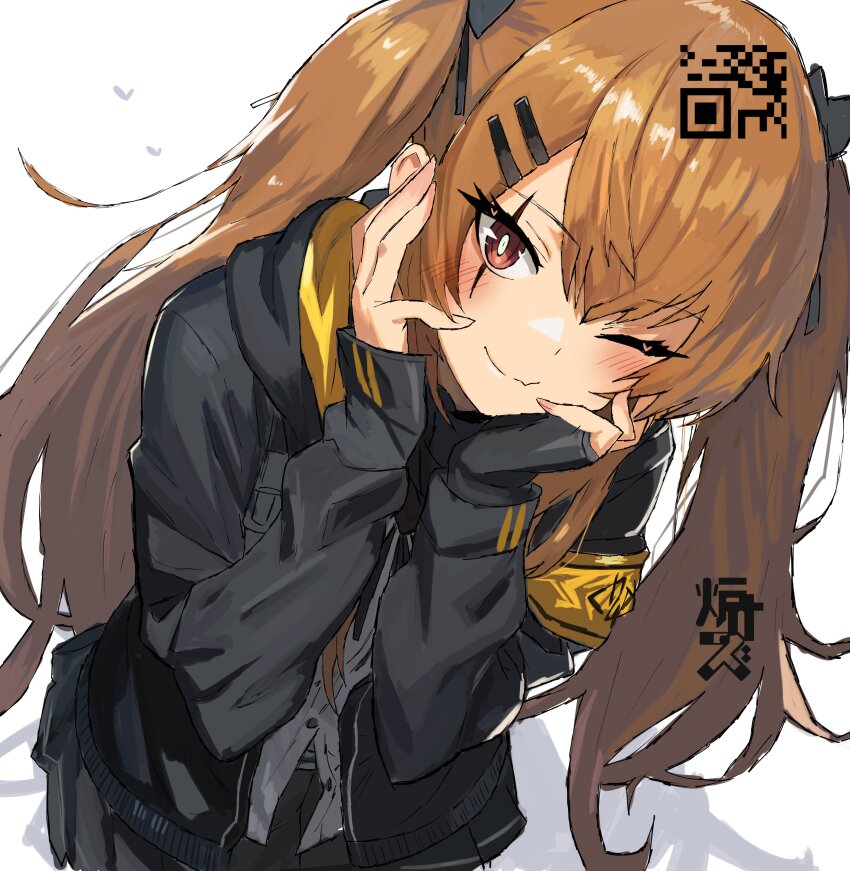 1girl absurdres armband black_gloves black_jacket black_skirt blush bright_pupils brown_eyes brown_hair closed_mouth fang fingerless_gloves girls&#039;_frontline gloves highres jacket looking_at_viewer one_eye_closed pleated_skirt qr_code r_scrubed scar scar_across_eye shirt simple_background single_glove skin_fang skirt smile solo twintails ump9_(girls&#039;_frontline) white_background white_pupils white_shirt yellow_armband