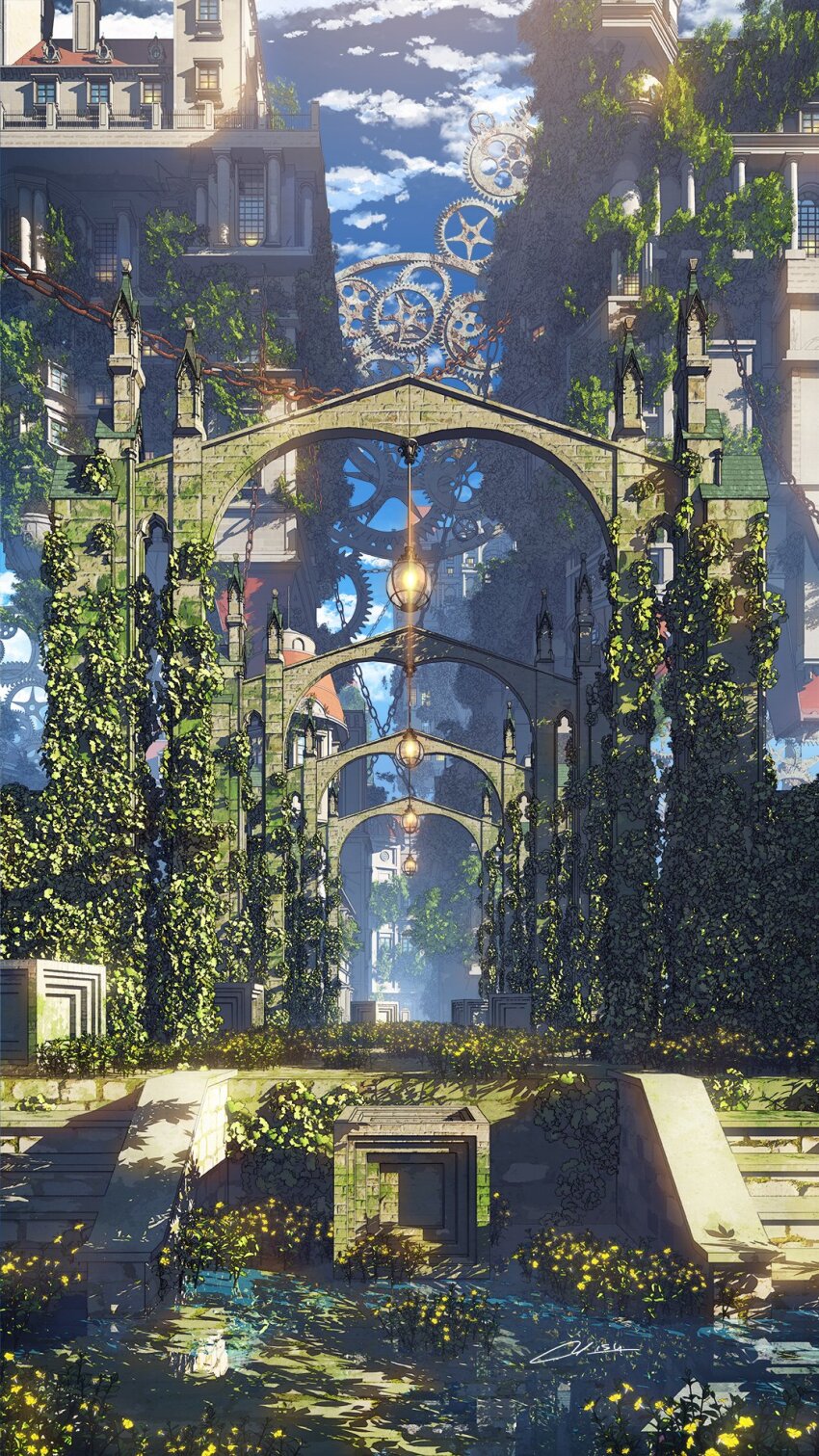 arch architecture balcony blue_sky chain cloud column commentary_request day flower gears hanging_light highres leaf moss no_humans original outdoors overgrown pillar plant scenery shadow signature sky stairs sunlight waisshu_(sougyokyuu) window yellow_flower