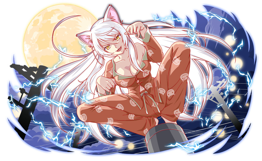 1girl animal_ear_fluff animal_ears animal_print artist_request bakemonogatari bakeneko black_hanekawa blue_sky breasts cable cat_ears cat_girl cat_print cel_shading cleavage cloud cloudy_sky collarbone collared_pajamas crash_fever electricity fingernails full_body full_moon game_cg hair_between_eyes hanekawa_tsubasa large_breasts legs_apart light_particles long_hair looking_at_viewer midriff_peek monogatari_(series) moon night night_sky official_art official_style orange_pajamas outline pajamas partially_unbuttoned paw_pose print_pajamas red_outline simple_background single_bare_shoulder sky sleeve_cuffs slit_pupils solo squatting tachi-e transparent_background utility_pole v-shaped_eyebrows yellow_collar yellow_eyes yellow_moon yellow_sleeve_cuffs