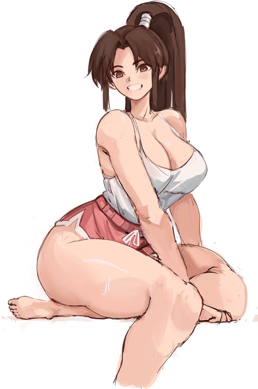 1girl alternate_costume bare_shoulders barefoot breasts brown_eyes brown_hair cleavage crossed_legs dolphin_shorts fatal_fury high_ponytail highres large_breasts long_hair looking_at_viewer ponytail rakeemspoon red_shorts shiranui_mai shorts smile snk solo street_fighter street_fighter_6 tank_top the_king_of_fighters thick_thighs thighs white_background