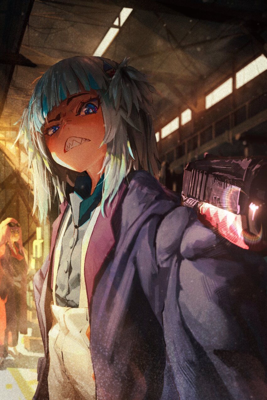 2girls :&lt; absurdres adapted_weapon aiming aiming_at_viewer angry birthday black_pants black_shirt blue_eyes blue_hair blue_jacket blue_shirt blunt_bangs collared_shirt commentary dress_shirt english_commentary eyewear_on_head from_below full_body furrowed_brow gawr_gura gun hair_ornament handgun highres holding holding_gun holding_weapon hololive hololive_english incoming_attack indoors jacket kokono_ka lens_flare light_particles long_hair long_sleeves looking_at_viewer looking_down mafia_(vocaloid) medium_hair mori_calliope multicolored_hair multiple_girls pants parted_lips pink_hair popped_collar q_(hololive) raised_eyebrow red_shirt scratching_nose shark_hair_ornament sharp_teeth shirt sleeves_past_fingers sleeves_past_wrists solo_focus streaked_hair sunglasses suspenders teeth two-sided_fabric two-tone_hair two-tone_shirt two_side_up upper_body very_long_sleeves virtual_youtuber warehouse weapon weapon_request white_hair white_pants window